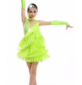 Girls kids blue green red white black fringe competition latin dance dresses for children salsa rumba stage performance bling dance wear for kids